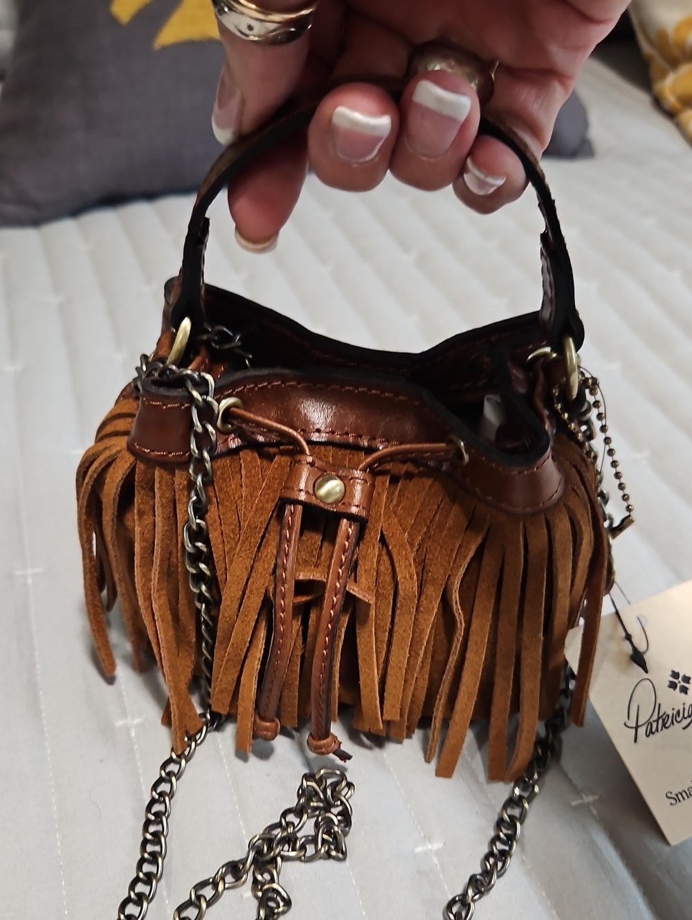 Patricia Nash Brown Suede Fringe Drawstring Mini Hobo And Crossbody Bag - Picture 14 of 14